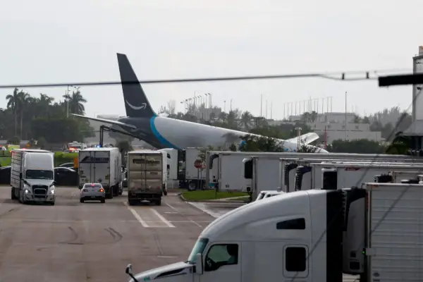 A view of an Amazon Prime Air cargo plane that airport officials said overran a runway at Miami International Airport, in Miami, Florida, U.S., September 6, 2026. REUTERS/Marco Bello TPX IMAGES OF THE DAY