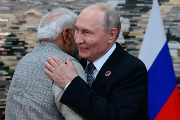 Russian President Vladimir Putin, right, and Indian Prime Minister Narendra Modi embrace each other during their meeting on the sidelines of the Shanghai Cooperation Organization (SCO), in Bishkek, Kyrgyzstan, on Monday, Aug. 31, 2026. (Peter Kovalev, Sputnik, Kremlin Pool Photo via AP) (Pyotr Kovalev, Sputnik, Kremlin Pool Photo via AP)